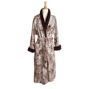 NATORI Animal Print Snow Leopard Plush Long Wrap Robe Loungewear Neutral Size XL